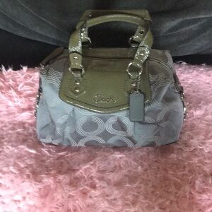 Coach Gray Signature Satchel with Olive Patent Trim